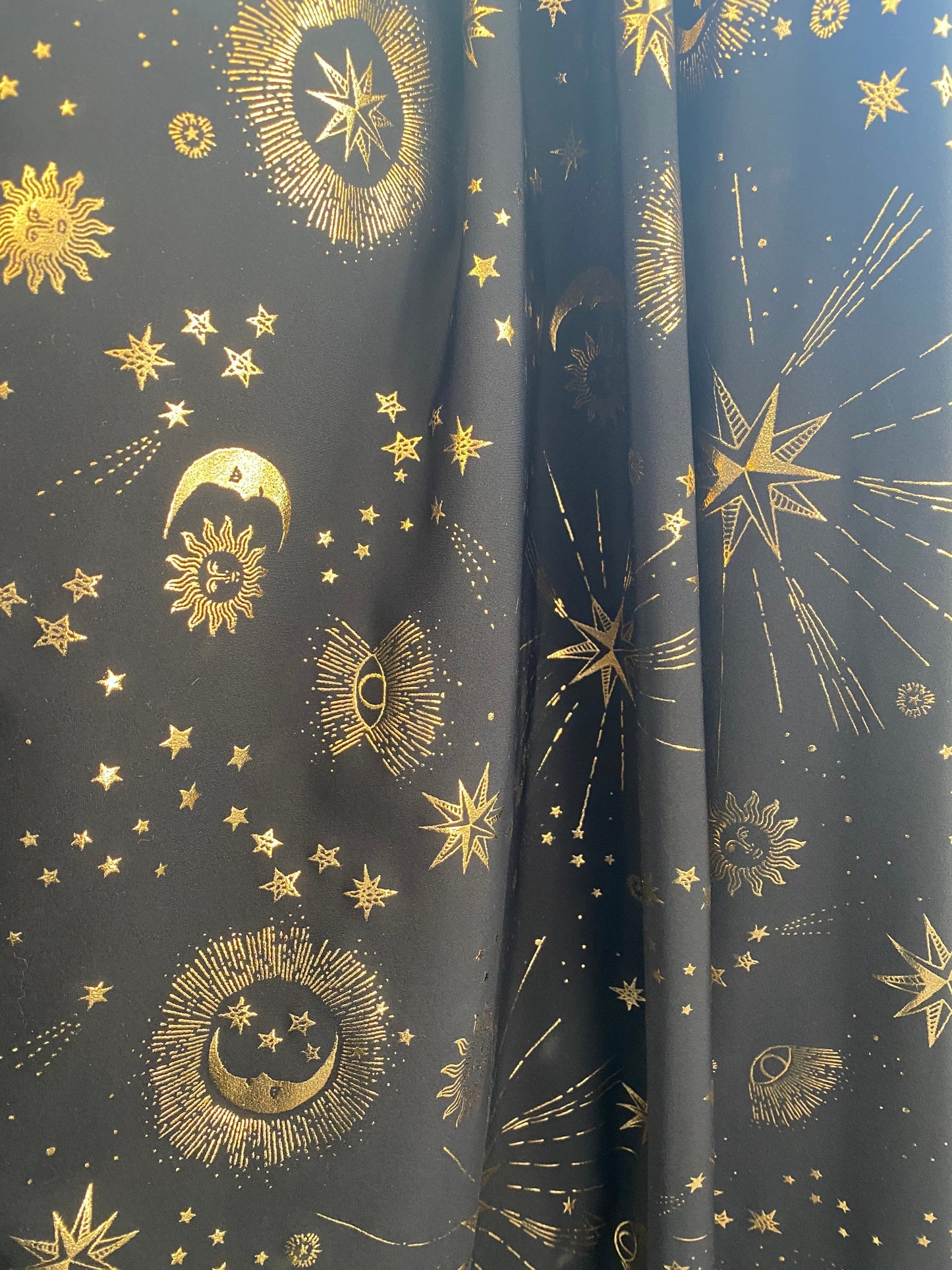 New celestial multi stars design metallic poly spandex 4-way stretch medium weight 58/60” Sold by the YD. Ships Worldwide from Los Angeles