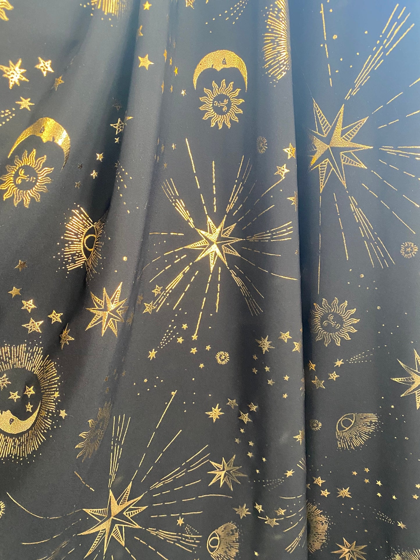 New celestial multi stars design metallic poly spandex 4-way stretch medium weight 58/60” Sold by the YD. Ships Worldwide from Los Angeles