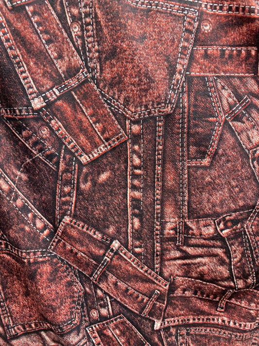 New jeans design print on nylon spandex 4way stretch medium weight 58/60” Sold by the YD. Ships worldwide feom Los Angeles California USA.