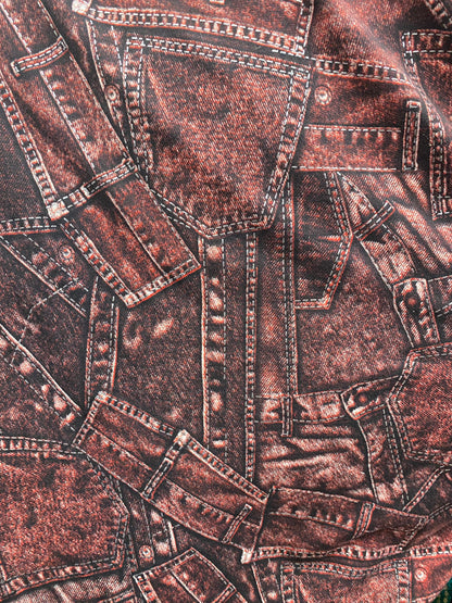 New jeans design print on nylon spandex 4way stretch medium weight 58/60” Sold by the YD. Ships worldwide feom Los Angeles California USA.