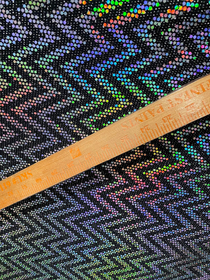 New zig zag design Metallic nylon spandex with hologram sequins 2-way stretch 58/60” Sold by the YD. Ships Worldwide from Los Angeles Cali