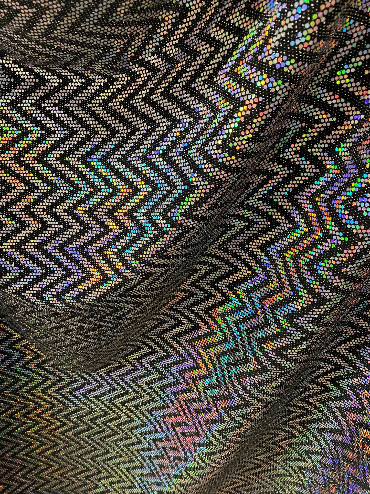 New zig zag design Metallic nylon spandex with hologram sequins 2-way stretch 58/60” Sold by the YD. Ships Worldwide from Los Angeles Cali