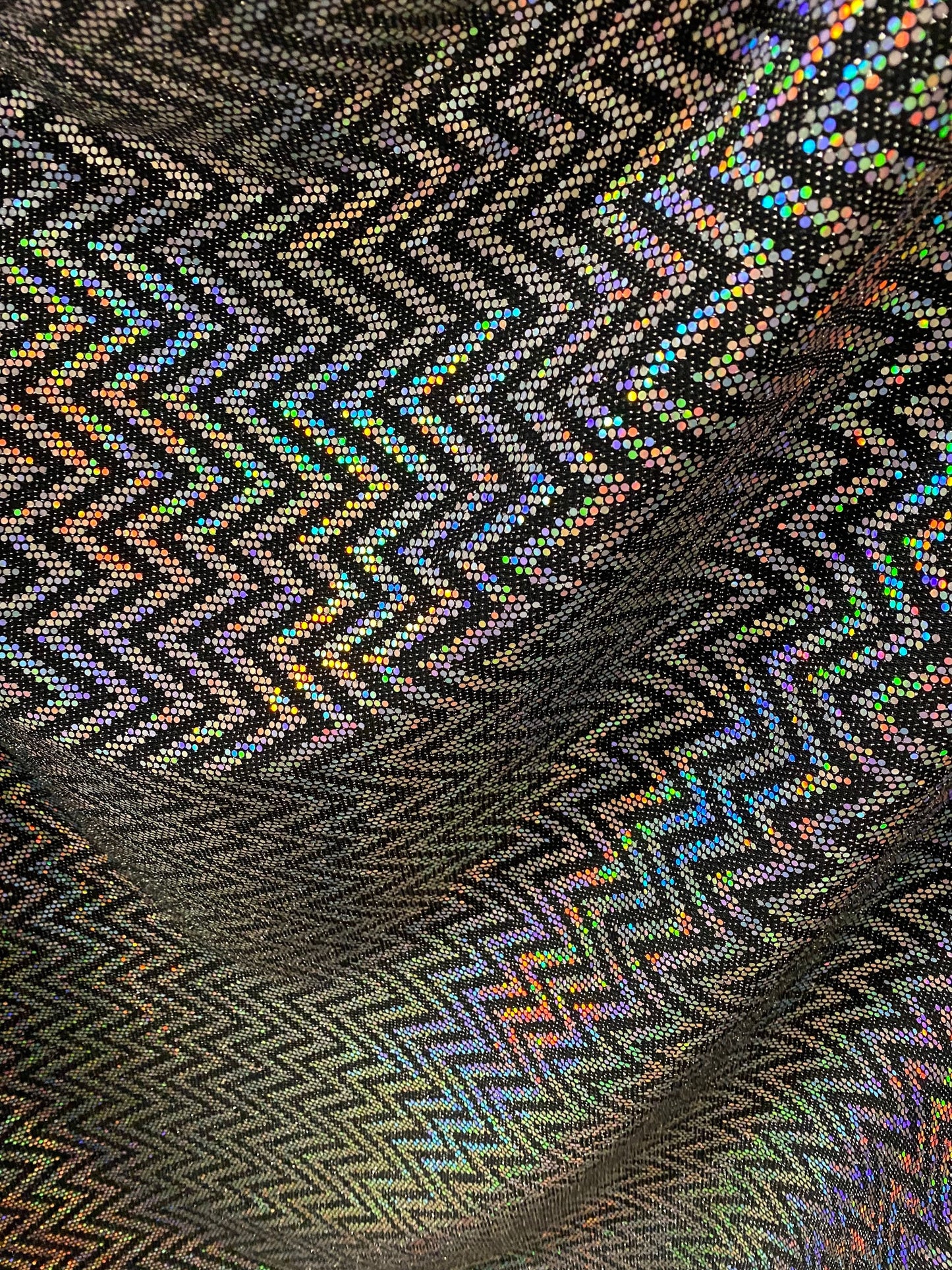 New zig zag design Metallic nylon spandex with hologram sequins 2-way stretch 58/60” Sold by the YD. Ships Worldwide from Los Angeles Cali