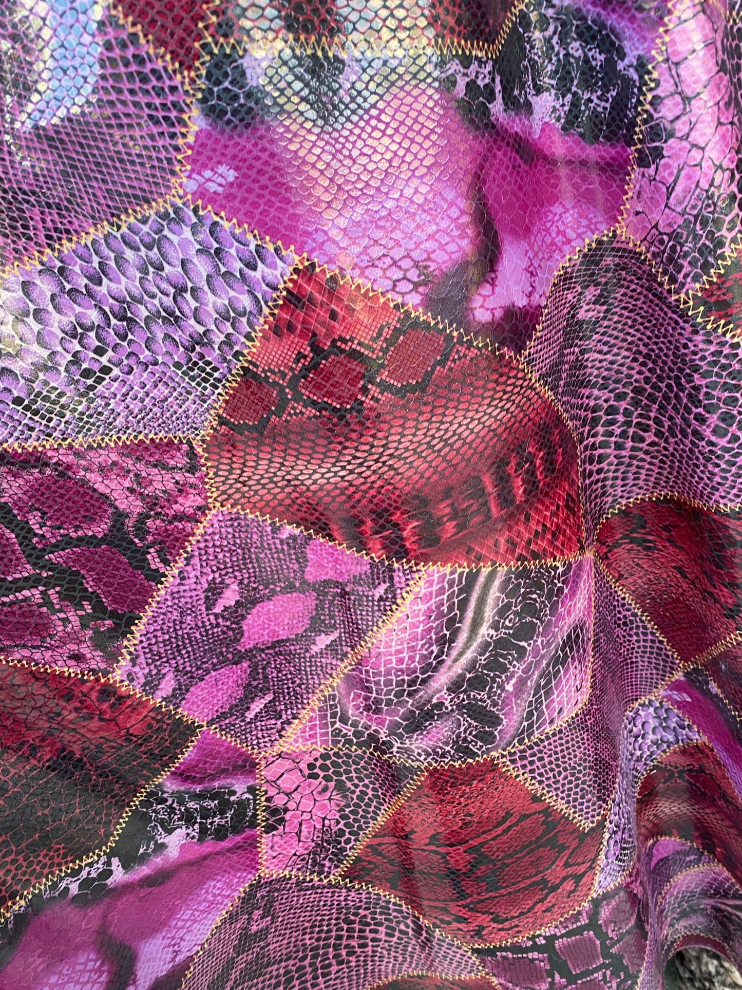 New Exotic multi snake design print on poly interlock with clear foil non stretch 58/60” Sold by the YD. Ships Worldwide from Los Angeles CA