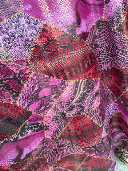 New Exotic multi snake design print on poly interlock with clear foil non stretch 58/60” Sold by the YD. Ships Worldwide from Los Angeles CA