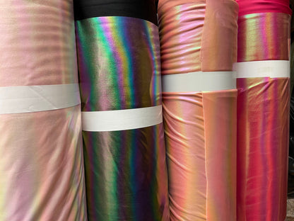 New Iridescent Bright all over foil nylon spandex with rainbow print 4-way stretch 58/60” Sold by the YD. Ships Worldwide from Los Angeles