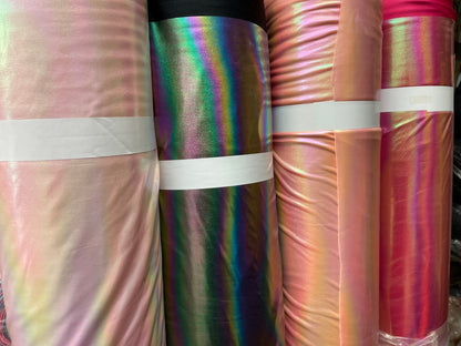 New Iridescent Bright all over foil nylon spandex with rainbow print 4-way stretch 58/60” Sold by the YD. Ships Worldwide from Los Angeles