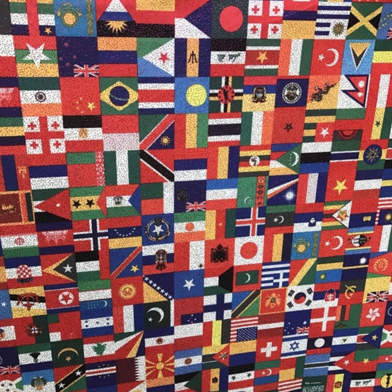 Internacional flags design print on best quality of nylon spandex with foggy foil all over 4-way stretch 58/60” Sold by the YD.