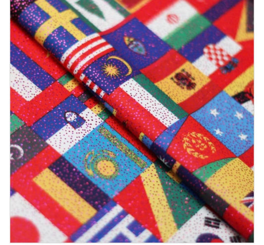 Internacional flags design print on best quality of nylon spandex with foggy foil all over 4-way stretch 58/60” Sold by the YD.