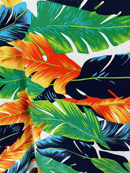 New tropical big leaf design multicolor print on poly spandex 4-way stretch medium weight 58/60” Sold by the YD. Ships Worldwide