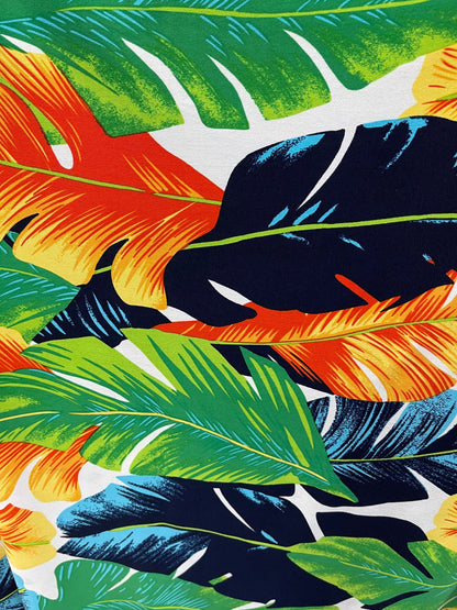 New tropical big leaf design multicolor print on poly spandex 4-way stretch medium weight 58/60” Sold by the YD. Ships Worldwide