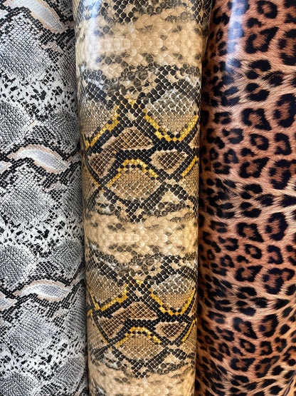 New Exotic animal print stretch shiny vinyl 2-way 58/60” Sold by the YD. Ships Worldwide from Los Angeles California USA.