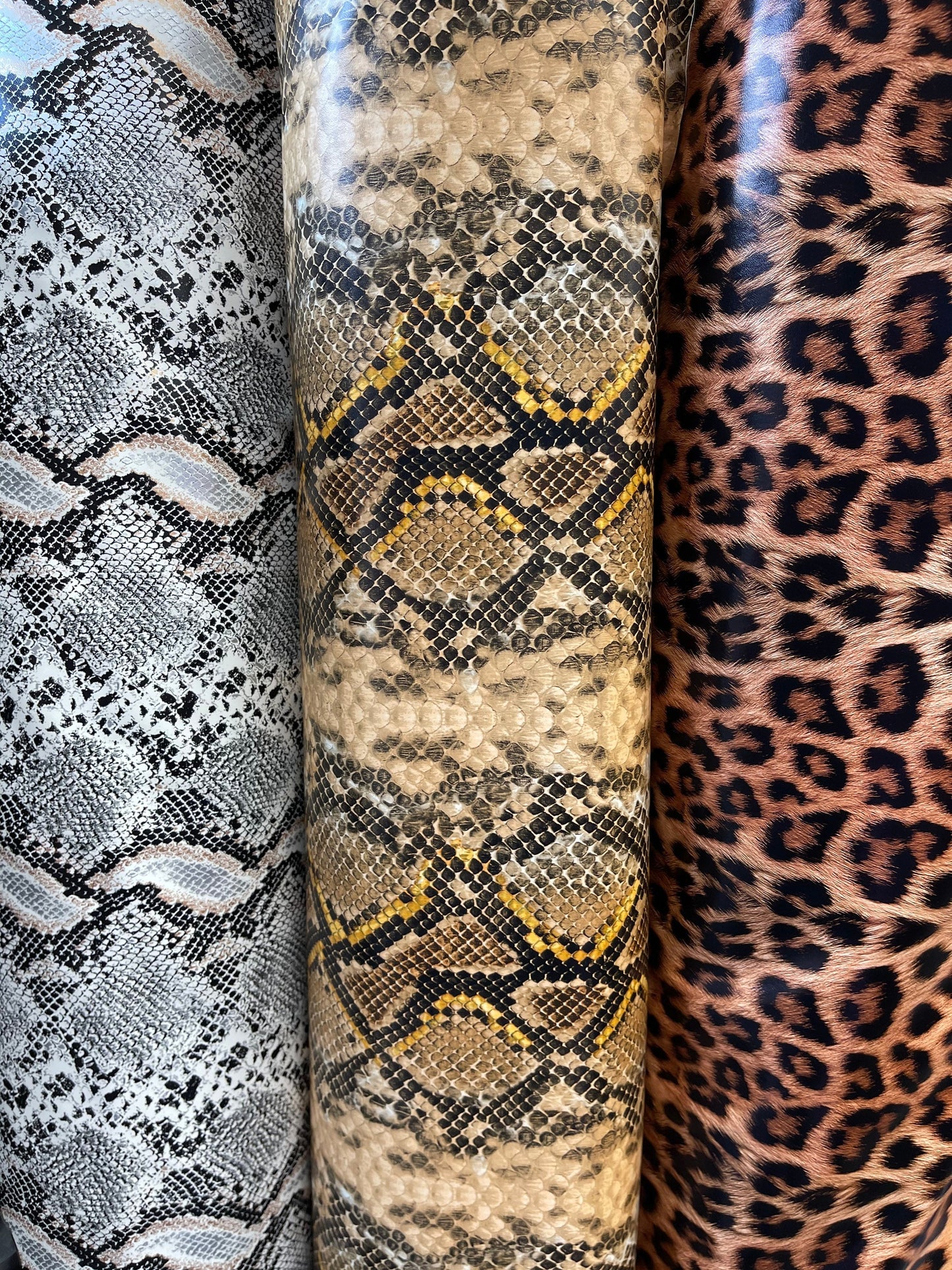 New Exotic animal print stretch shiny vinyl 2-way 58/60” Sold by the YD. Ships Worldwide from Los Angeles California USA.
