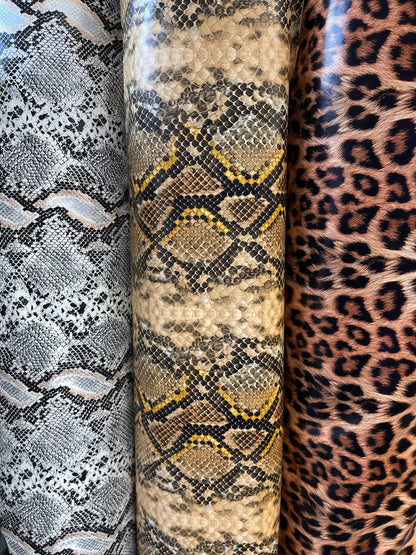 New Exotic animal print stretch shiny vinyl 2-way 58/60” Sold by the YD. Ships Worldwide from Los Angeles California USA.