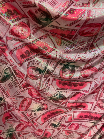 Money design 100 dollars bill print on metallic nylon spandex 4-way stretch 58/60” Sold by the YD. Ships Worldwide from Los Angeles cali.