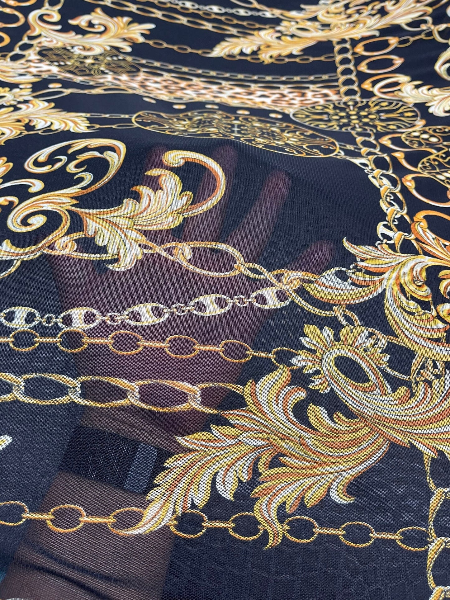 New Brand designer Black/Gold stretch mesh 4-way 58/60” Sold by the YD. Ships Worldwide from Los Angeles California USA