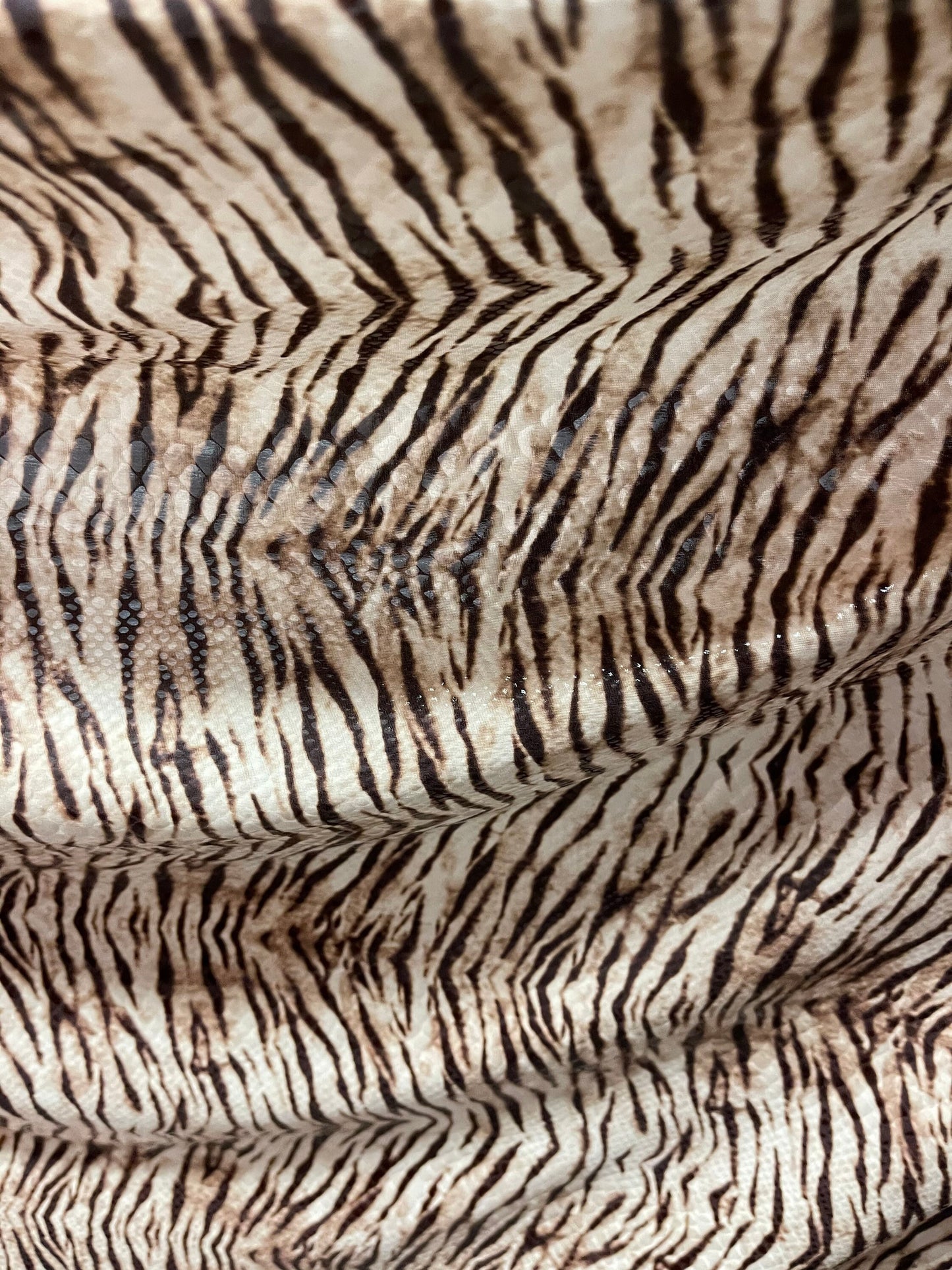 New Exotic Tiger design print on poly spandex 2-way stretch with clear foil 58/60” Sold by the YD. Ships Worldwide from Los Angeles CA