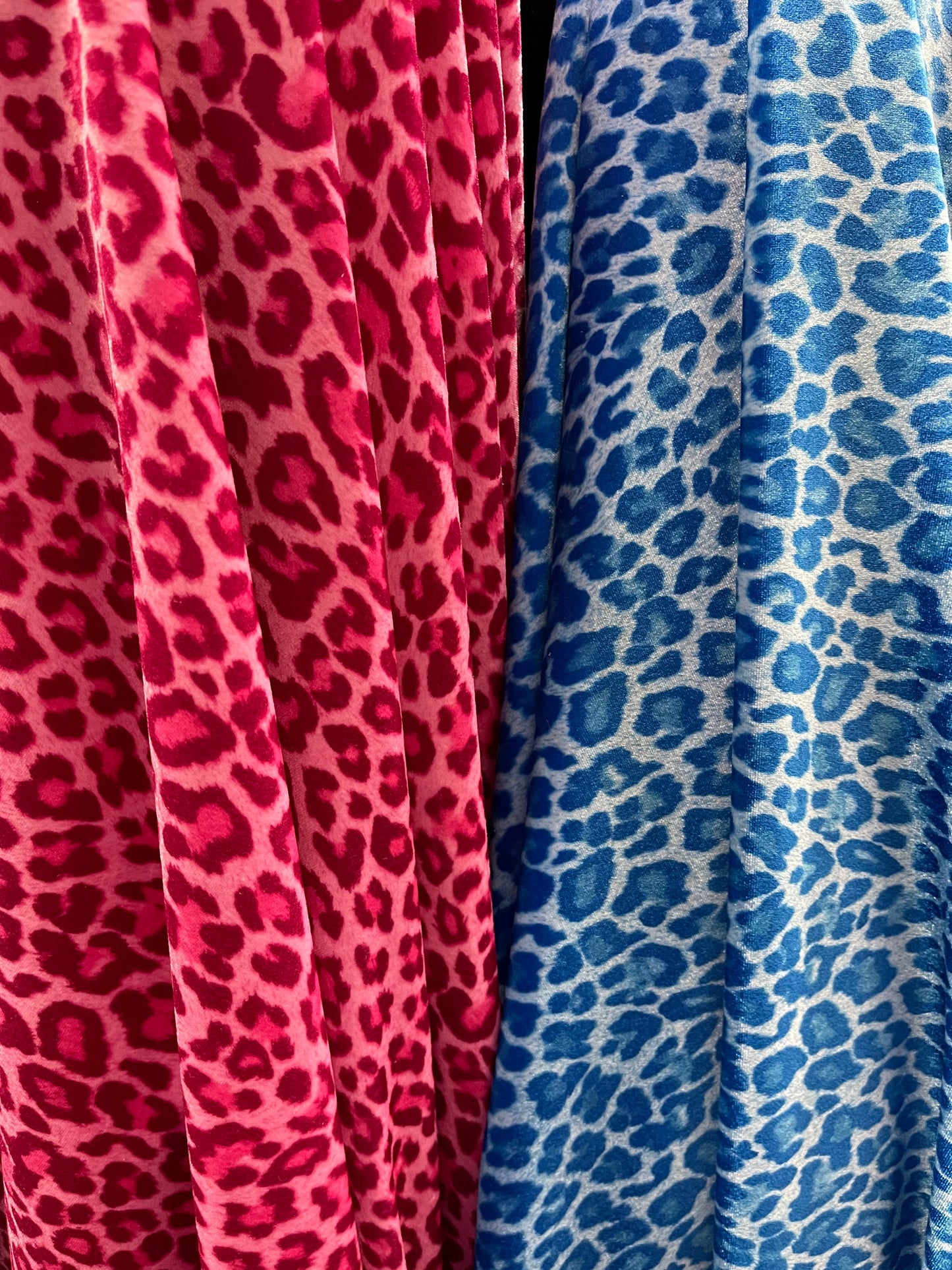 New Exotic leopard design pink and blue color print on heavy stretch velvet 4-way stretch 58/60” Sold by the YD. Ships worldwide