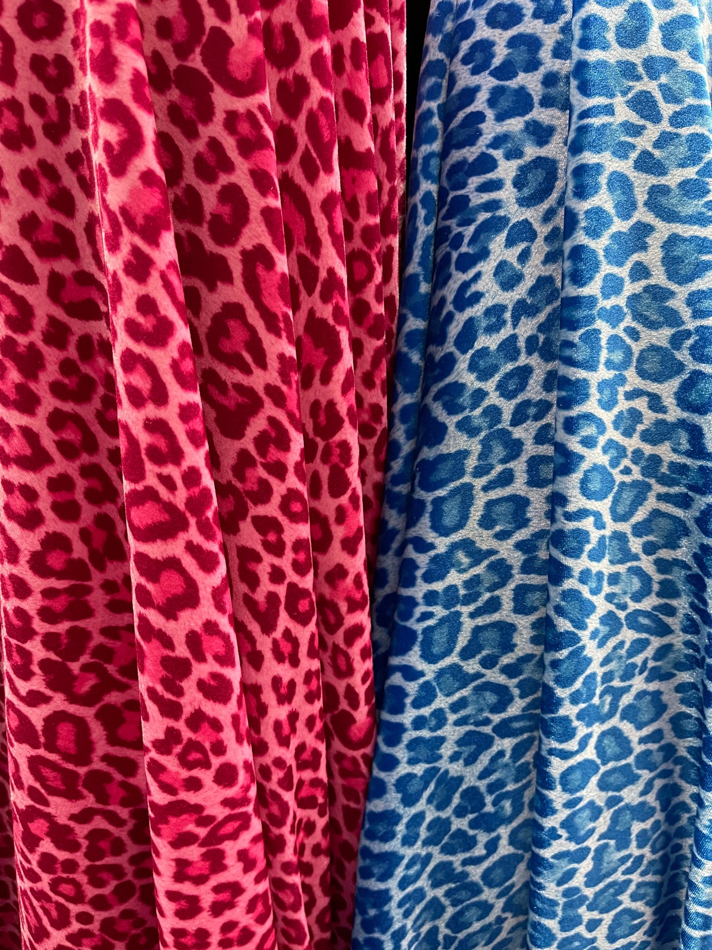 New Exotic leopard design pink and blue color print on heavy stretch velvet 4-way stretch 58/60” Sold by the YD. Ships worldwide