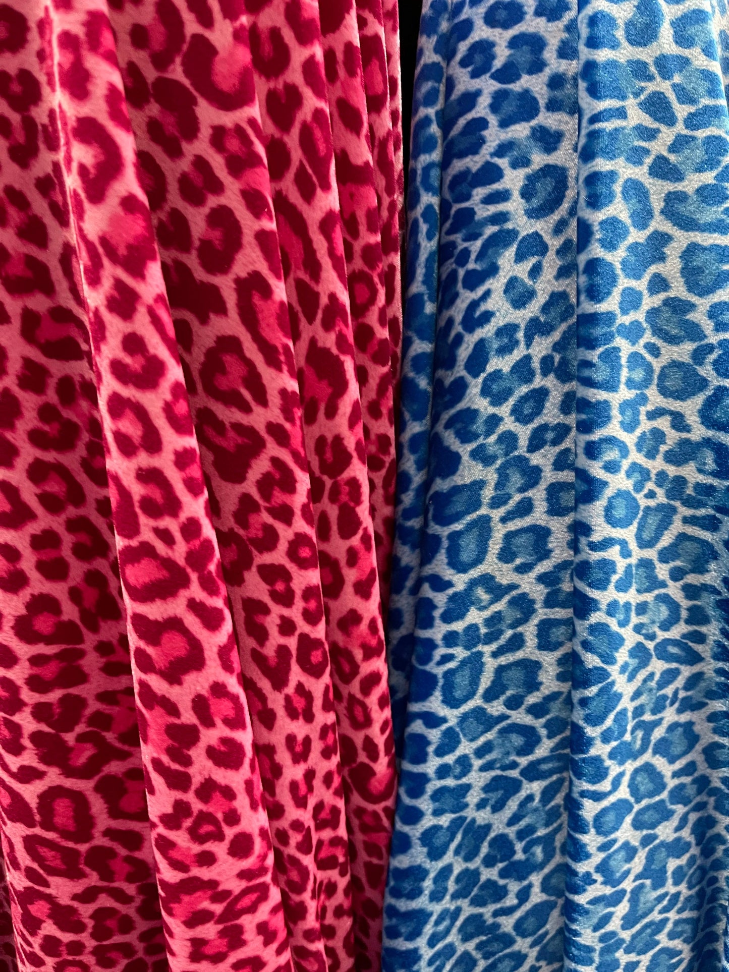 New Exotic leopard design pink and blue color print on heavy stretch velvet 4-way stretch 58/60” Sold by the YD. Ships worldwide