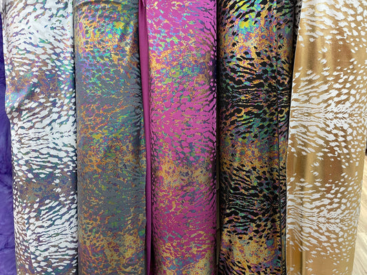 Predator design New Exotic Animal print with Iridescent foil print it on best quality of nylon spandex 4-way stretch 58/60” Sold by the YD.