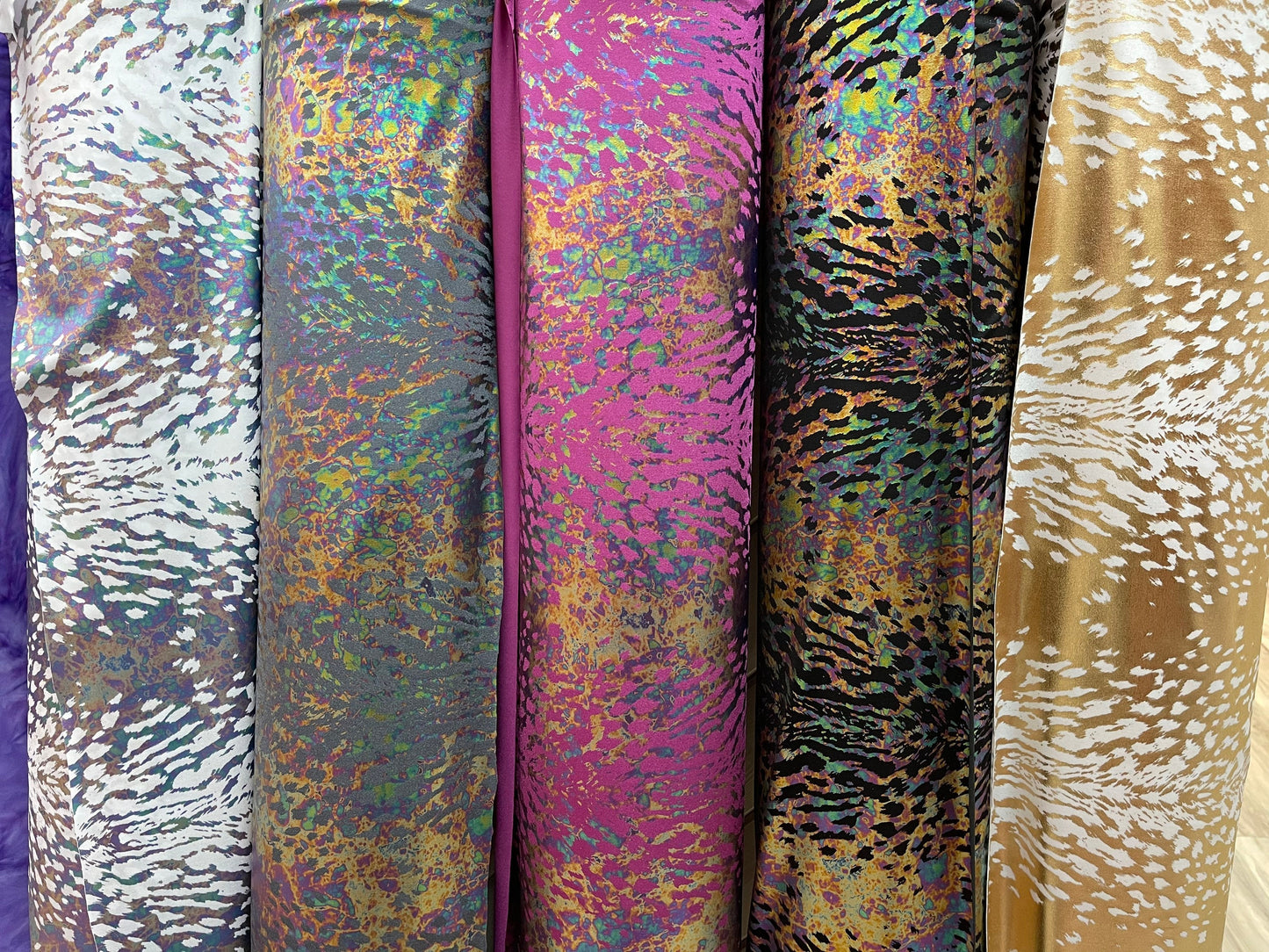 Predator design New Exotic Animal print with Iridescent foil print it on best quality of nylon spandex 4-way stretch 58/60” Sold by the YD.