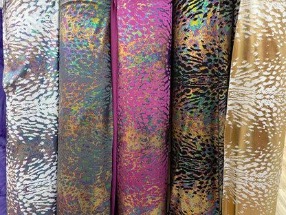Predator design New Exotic Animal print with Iridescent foil print it on best quality of nylon spandex 4-way stretch 58/60” Sold by the YD.