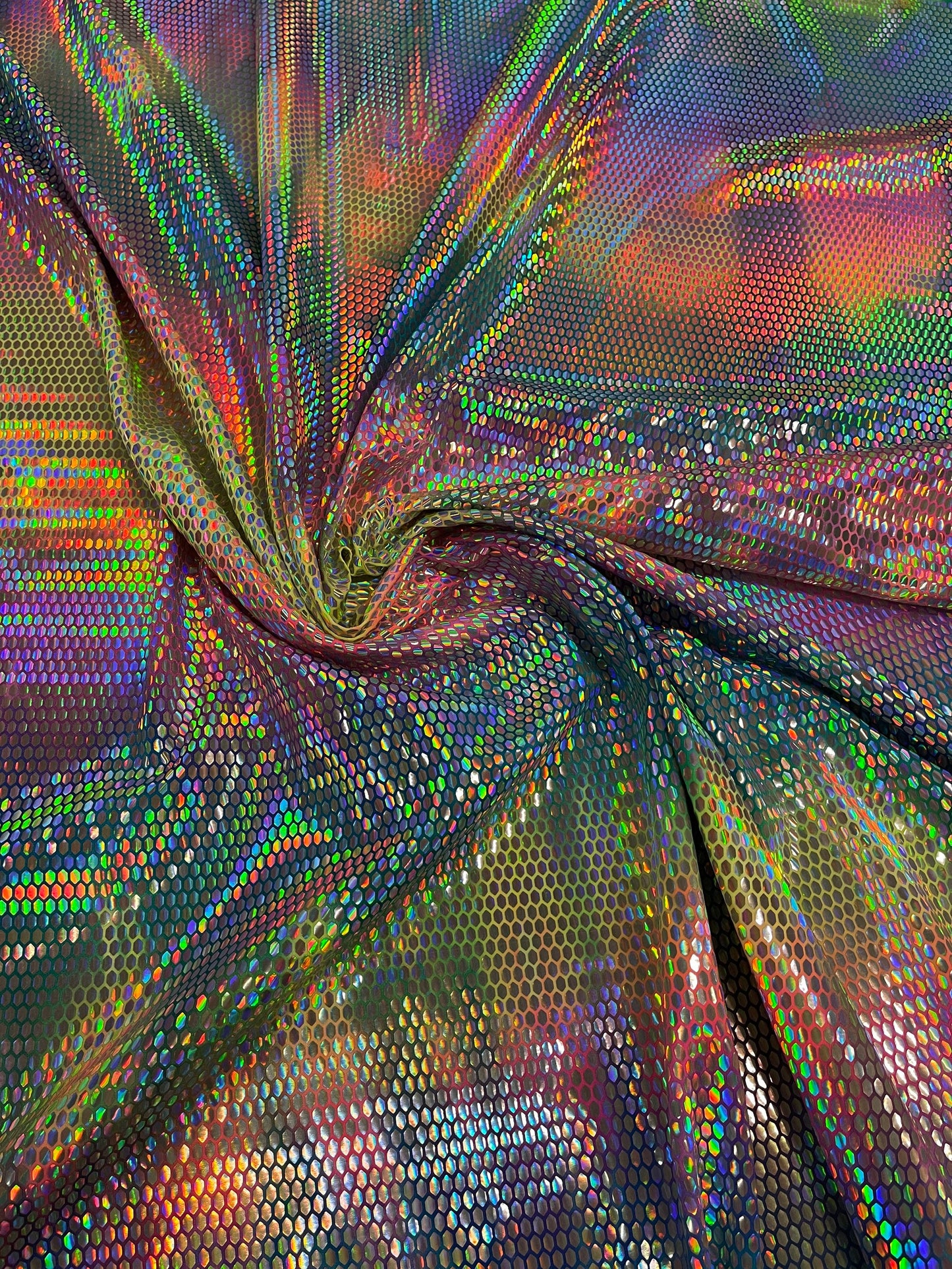 New tie dye nylon spandex with honeycomb iridescent sequins all over 4-way stretch 58/60” Sold by the YD. Ships Worldwide from Los Angeles