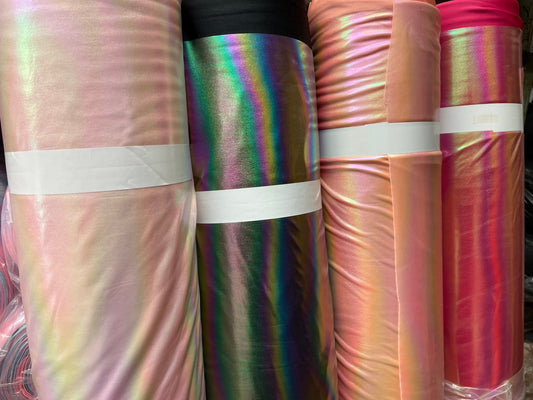 New Iridescent Bright all over foil nylon spandex with rainbow print 4-way stretch 58/60” Sold by the YD. Ships Worldwide from Los Angeles