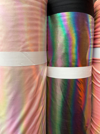 New Iridescent Bright all over foil nylon spandex with rainbow print 4-way stretch 58/60” Sold by the YD. Ships Worldwide from Los Angeles