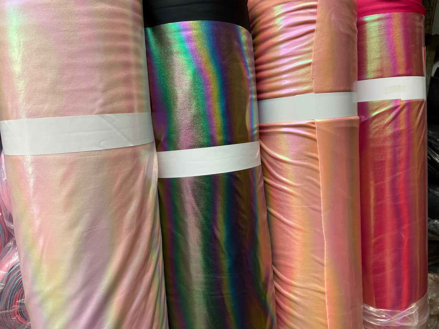New Iridescent Bright all over foil nylon spandex with rainbow print 4-way stretch 58/60” Sold by the YD. Ships Worldwide from Los Angeles