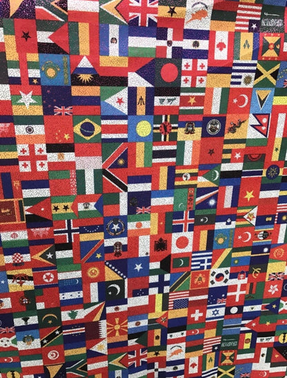 Internacional flags design print on best quality of nylon spandex with foggy foil all over 4-way stretch 58/60” Sold by the YD.