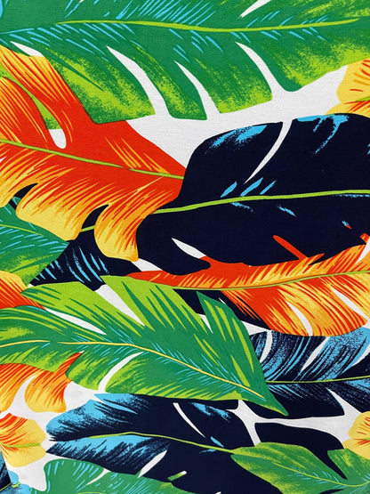 New tropical big leaf design multicolor print on poly spandex 4-way stretch medium weight 58/60” Sold by the YD. Ships Worldwide