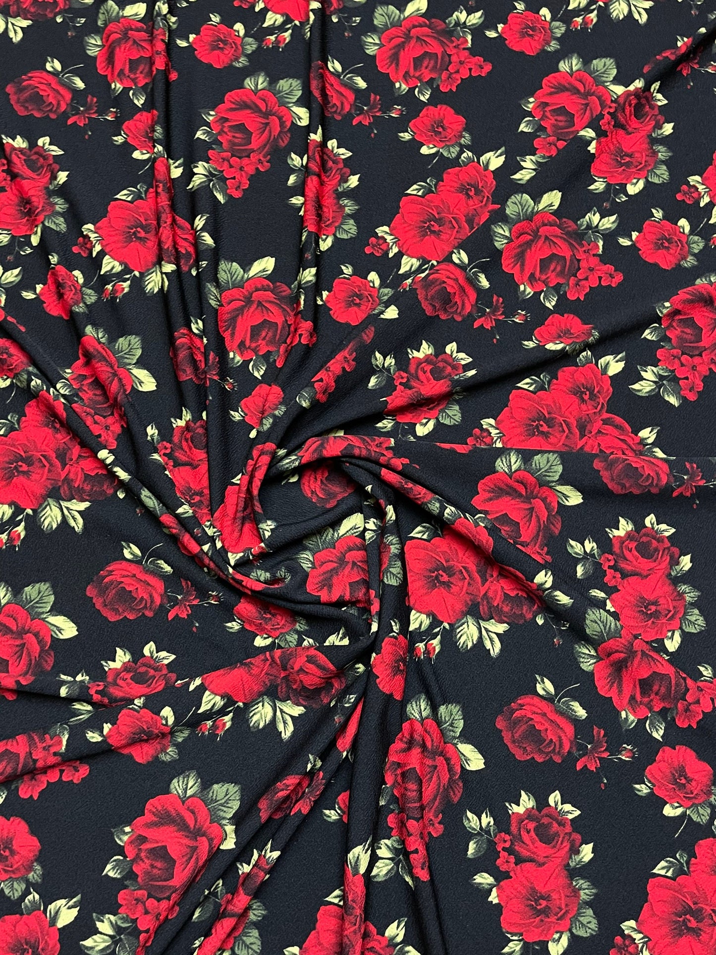 New Red Roses design print on poly spandex 4-way stretch 58/60” Sold by the YD. Ships worldwide from Los Angeles California USA.