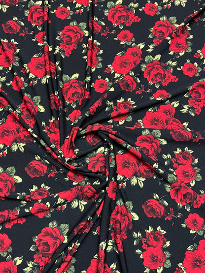 New Red Roses design print on poly spandex 4-way stretch 58/60” Sold by the YD. Ships worldwide from Los Angeles California USA.