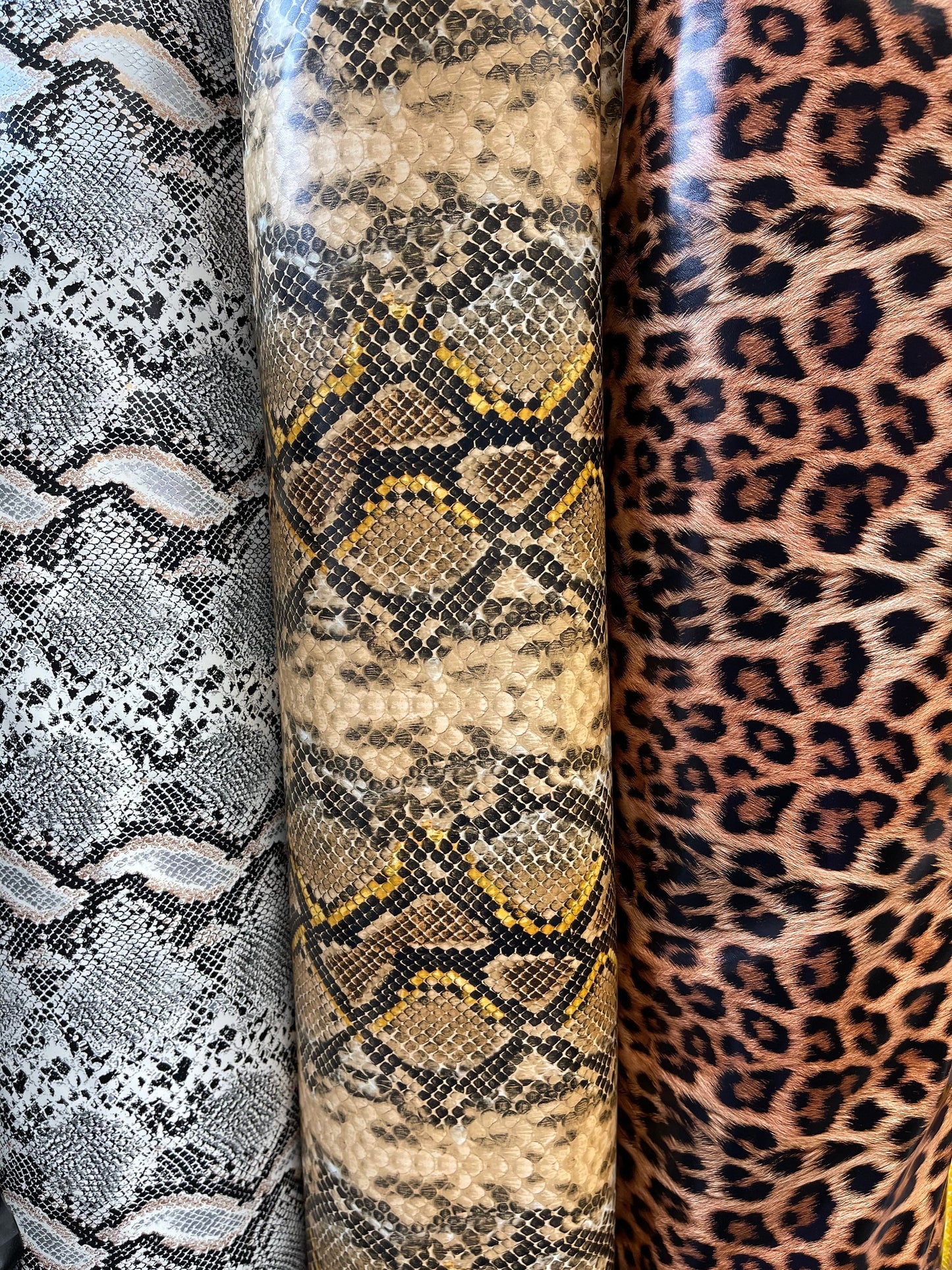 New Exotic animal print stretch shiny vinyl 2-way 58/60” Sold by the YD. Ships Worldwide from Los Angeles California USA.