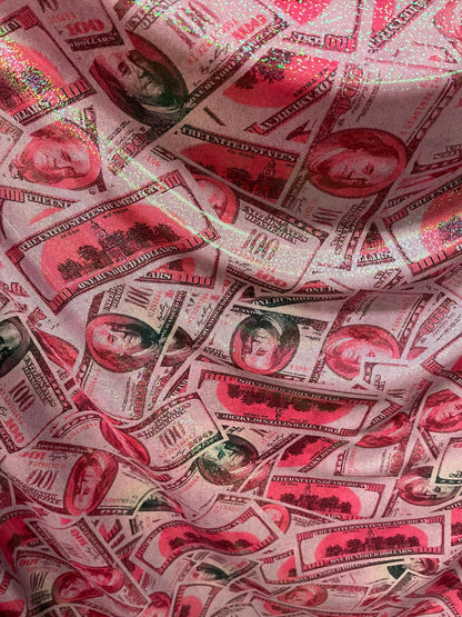 Money design 100 dollars bill print on metallic nylon spandex 4-way stretch 58/60” Sold by the YD. Ships Worldwide from Los Angeles cali.