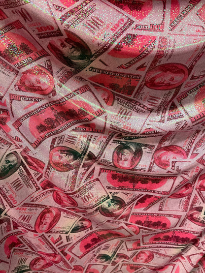 Money design 100 dollars bill print on metallic nylon spandex 4-way stretch 58/60” Sold by the YD. Ships Worldwide from Los Angeles cali.