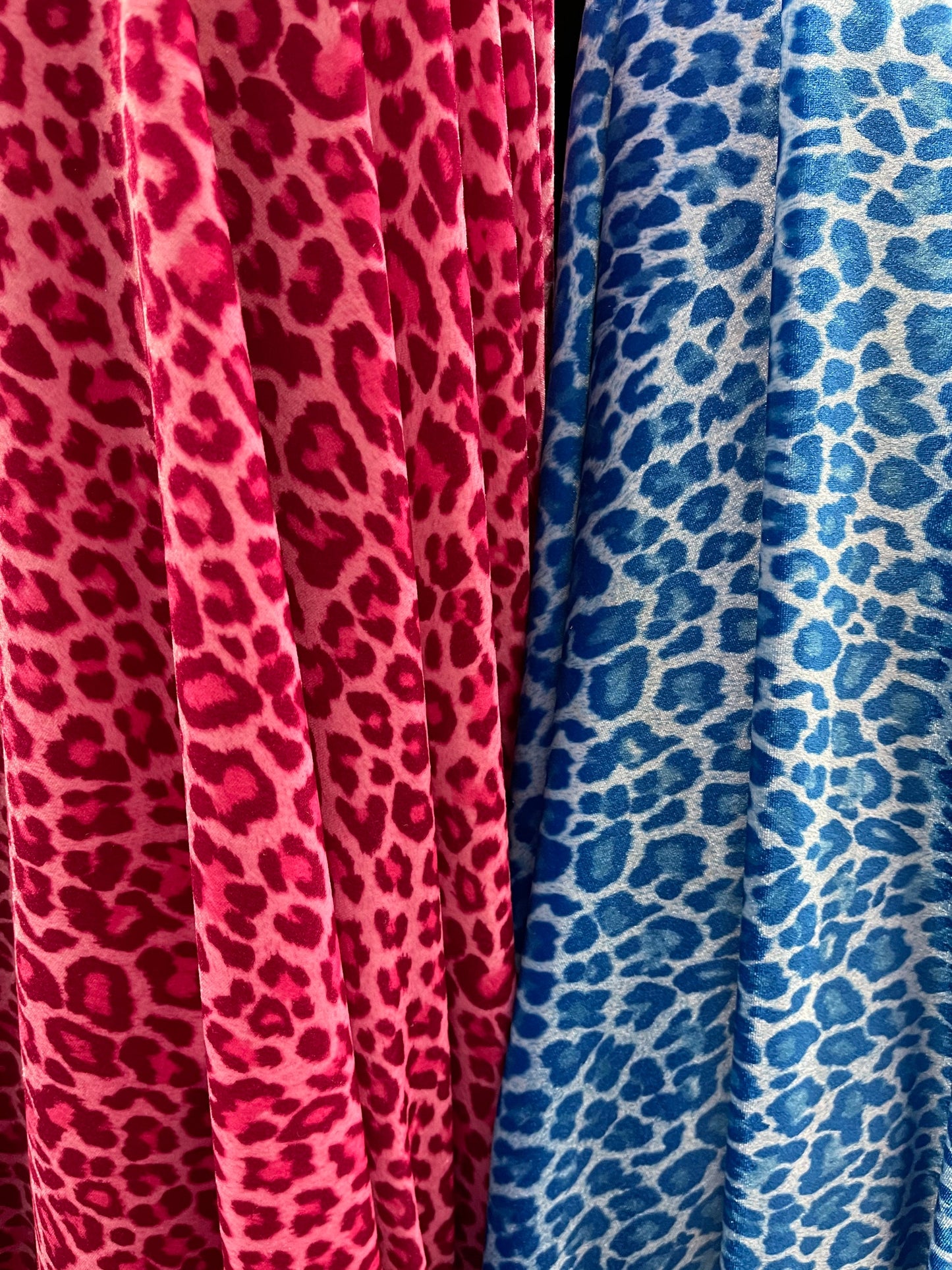 New Exotic leopard design pink and blue color print on heavy stretch velvet 4-way stretch 58/60” Sold by the YD. Ships worldwide