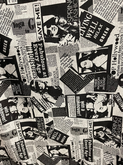 New newspaper fashion design print on cotton Jersey 4-way stretch 58/60” Sold by the YD. Ships Worldwide from Los Angeles California USA