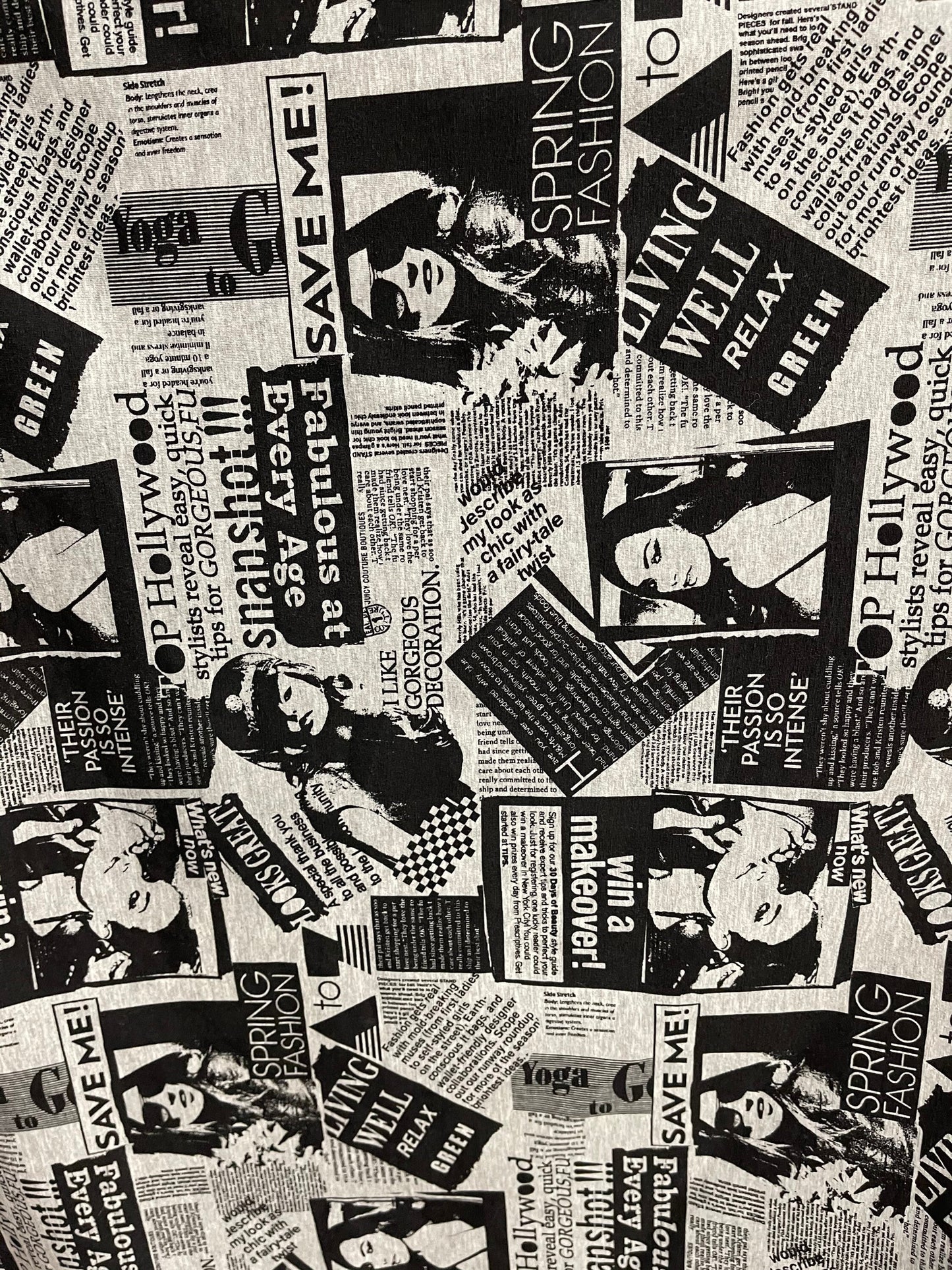 New newspaper fashion design print on cotton Jersey 4-way stretch 58/60” Sold by the YD. Ships Worldwide from Los Angeles California USA