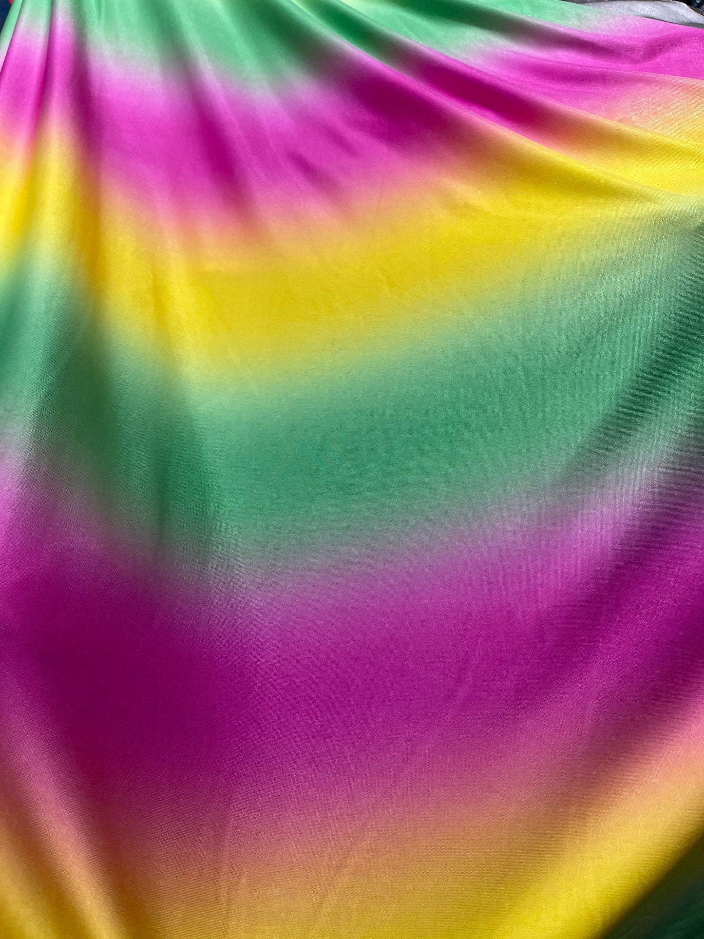 Rainbow design print on poly spandex medium weight 4-way stretch 58/60” Sold by the YD. Ships Worldwide from Los Angeles California USA.
