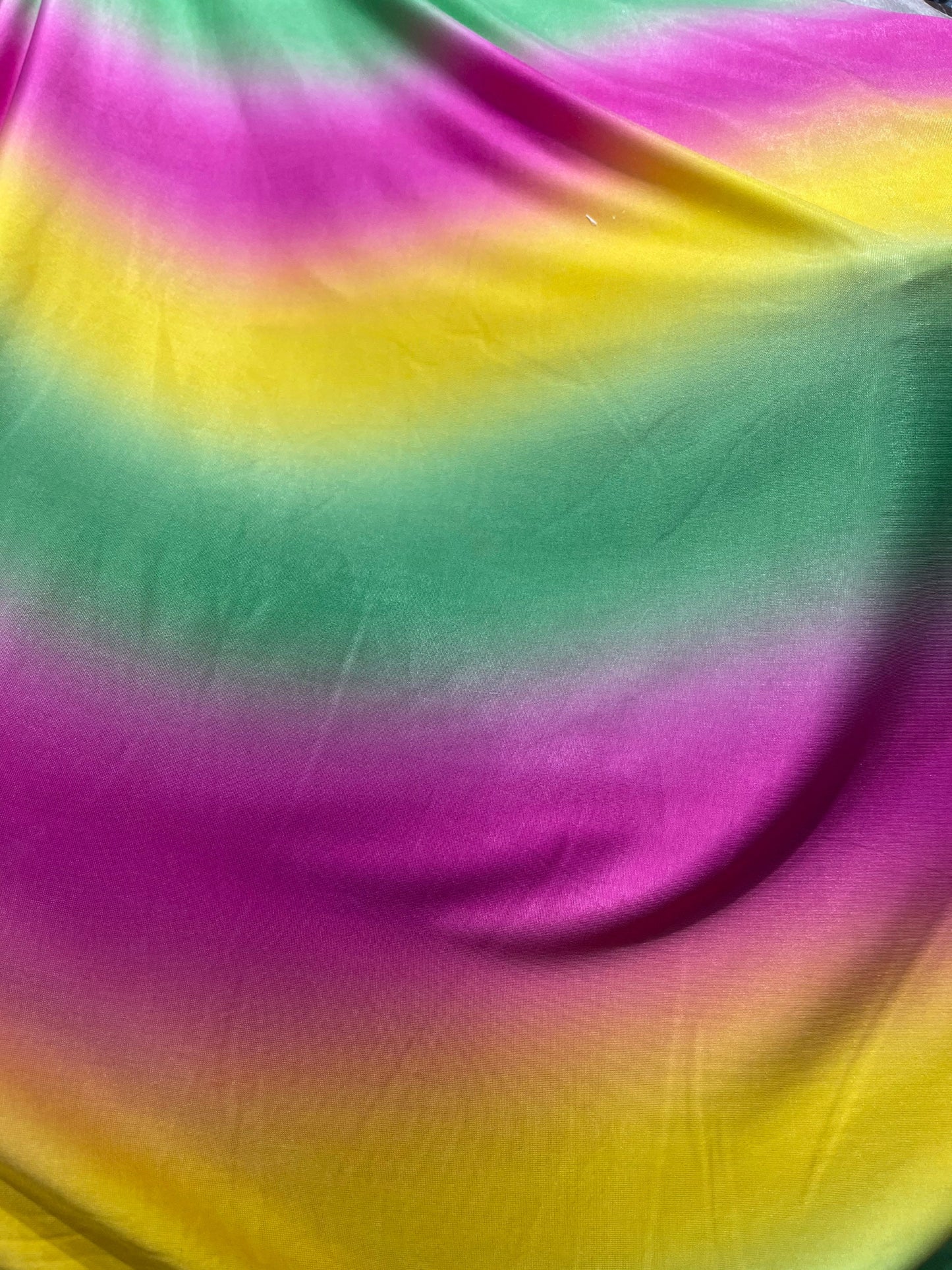 Rainbow design print on poly spandex medium weight 4-way stretch 58/60” Sold by the YD. Ships Worldwide from Los Angeles California USA.
