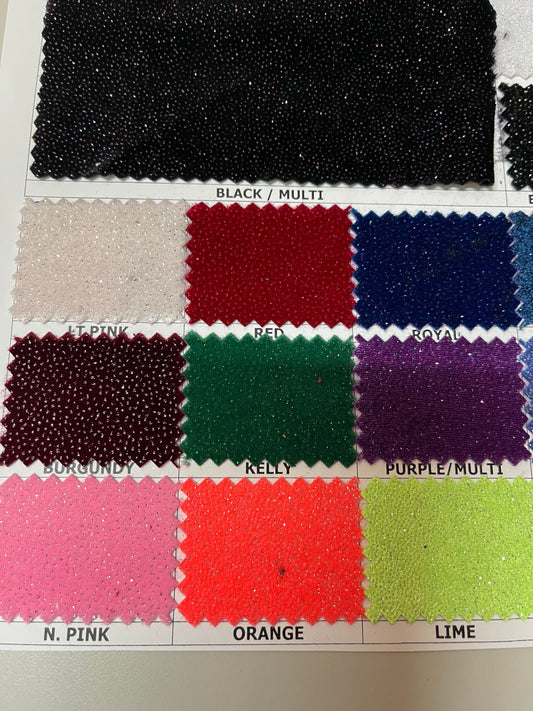 Sparkling glitter on great quality of stretch velvet 4-way stretch 58/60” Sold by the YD. Ships Worldwide from Los Angeles California USA.