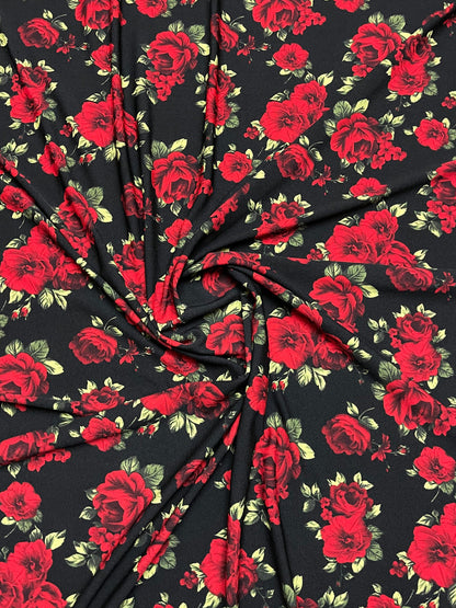 New Red Roses design print on poly spandex 4-way stretch 58/60” Sold by the YD. Ships worldwide from Los Angeles California USA.