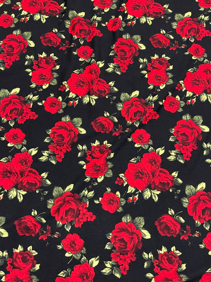 New Red Roses design print on poly spandex 4-way stretch 58/60” Sold by the YD. Ships worldwide from Los Angeles California USA.