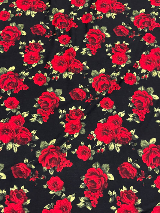 New Red Roses design print on poly spandex 4-way stretch 58/60” Sold by the YD. Ships worldwide from Los Angeles California USA.