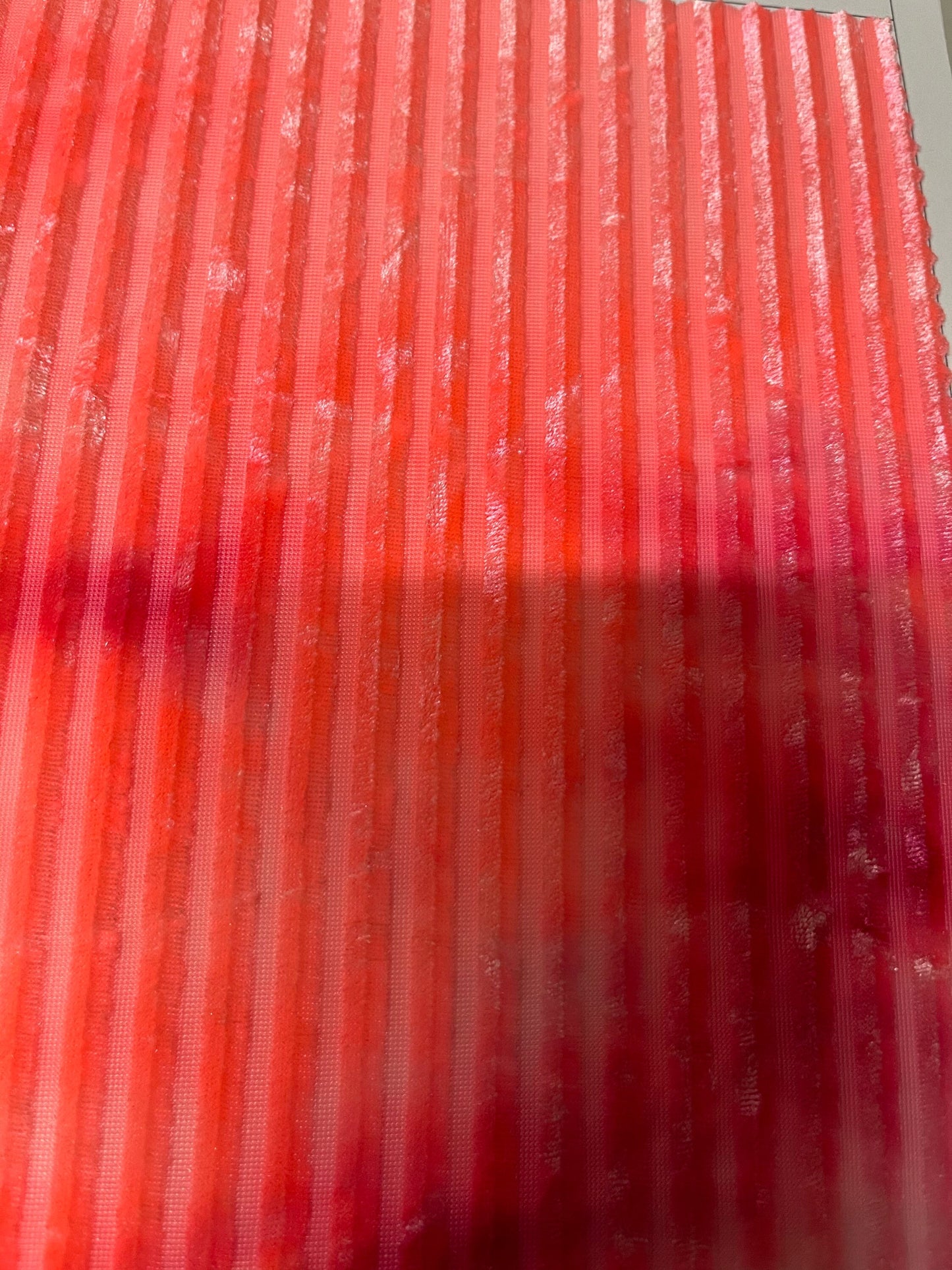 New Stripes burnout velvet tie dye hot pink  4-way stretch 58/60” Sold by the YD. Ships Worldwide from Los Angeles California USA.
