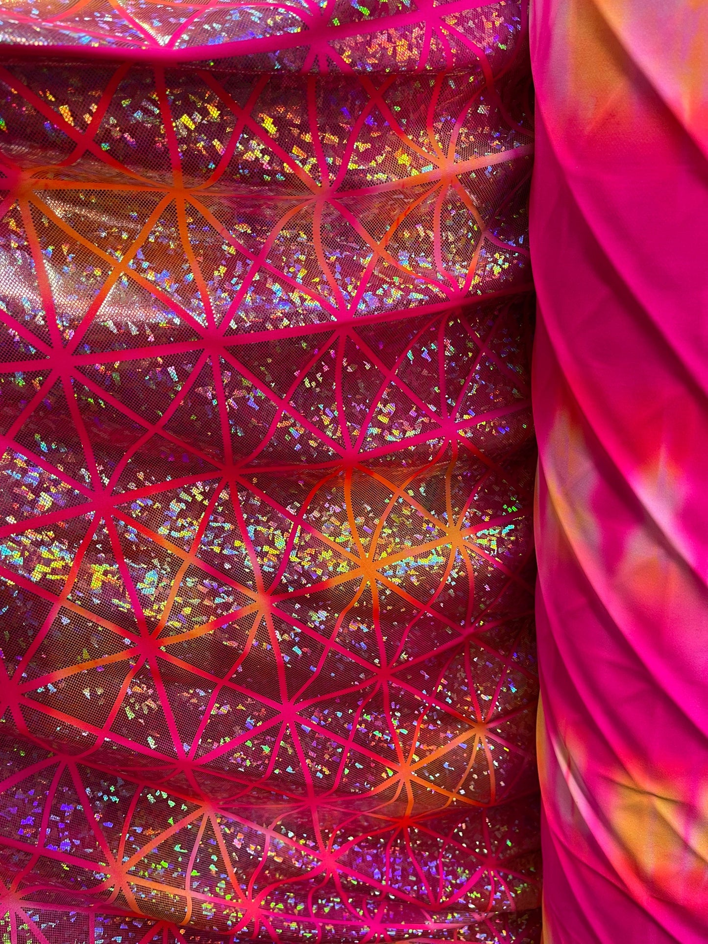 New Geometric design hologram metallic nylon spandex 4-way stretch 58/60” Sold by the YD. Ships Worldwide from Los Angeles California USA.