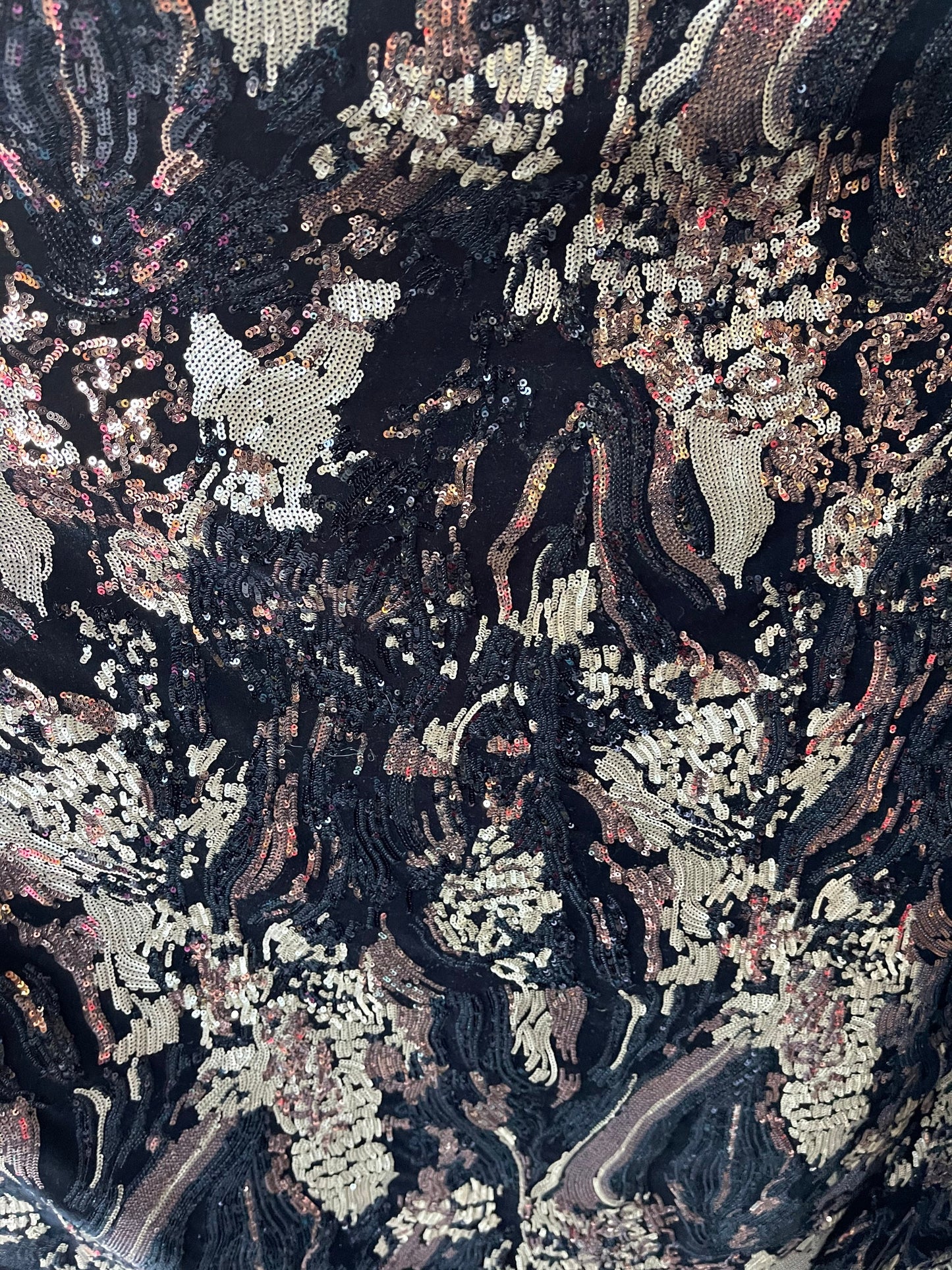 New abstract design luxury sequins embroidered on stretch velvet 2-way stretch 58/60” Sold by the YD. Ships Worldwide from Los Angeles CA.